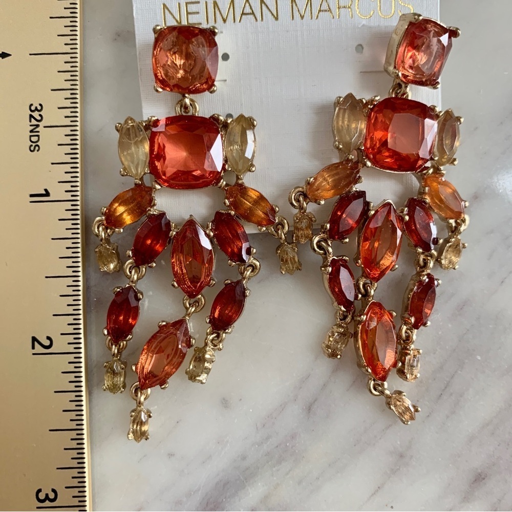 🔥 Neiman Marcus Fiery Red Stones Gold Statement Chandelier Earrings - Picture 6 of 6